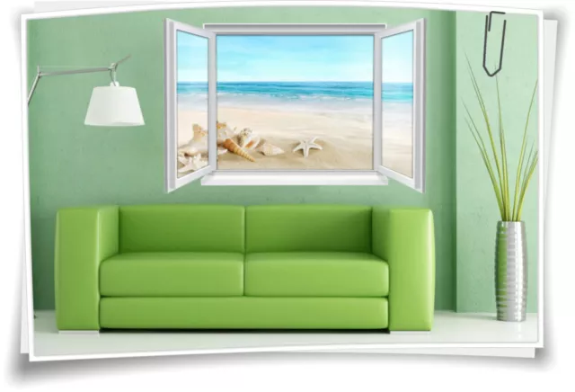 3D Fenster Wandbild Wandtattoo Aufkleber Meer Strand Muscheln Bad Wohnzimmer