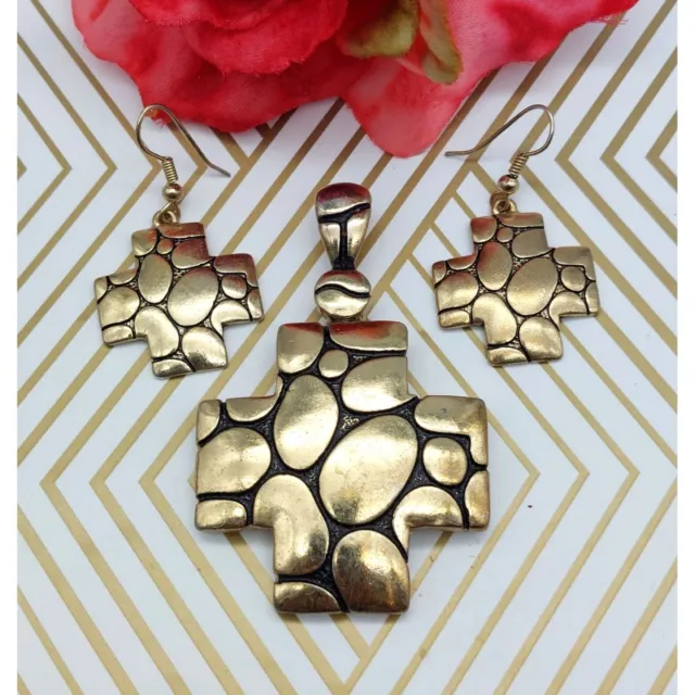 Gold Tone Large Square Cross Pendant & Dangle Earrings Set Pebbled Look