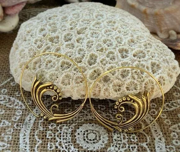 Tribal Ethnic Celine Plain Earrings Brass Gold Plated Mandala Spiral hoops