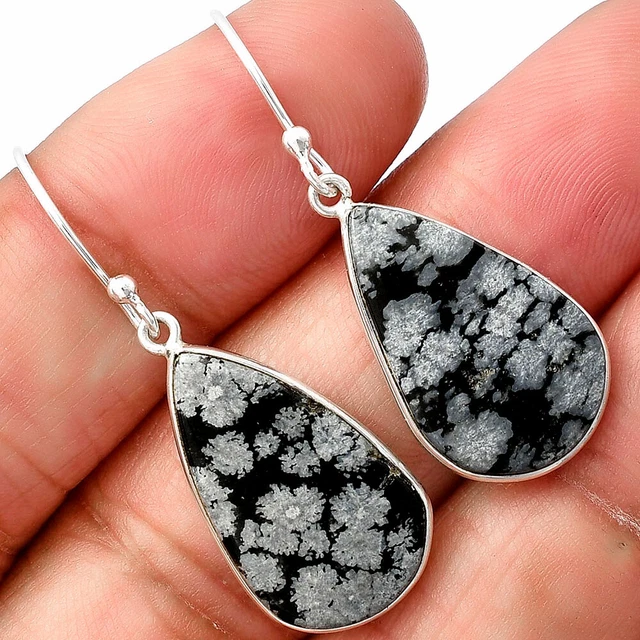 Natural Snow Flake Obsidian 925 Sterling Silver Earrings Jewelry E-1002