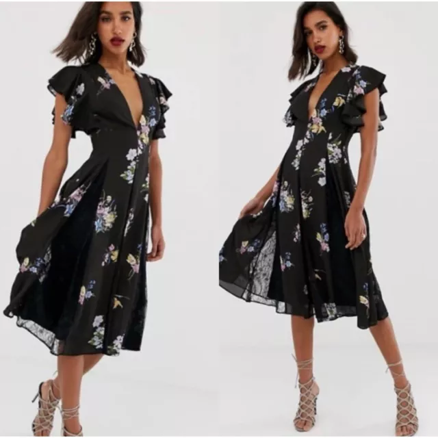 ASOS Black Floral Deep V Lace Chiffon Midi Dress Size 6