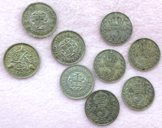 Job Lot 9 Silver Thruppenny Bits 3D Three Pence 1914 - 41 George V, Vi