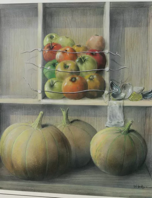 De Walter Heckmann 1929-1994 Pintura Naturaleza Muerta Calabaza Manzanas Conchas