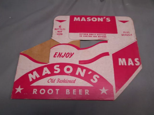 Vintage Mason's Root Beer Soda Bottle Carrier Carton Cardboard Red White Enjoy
