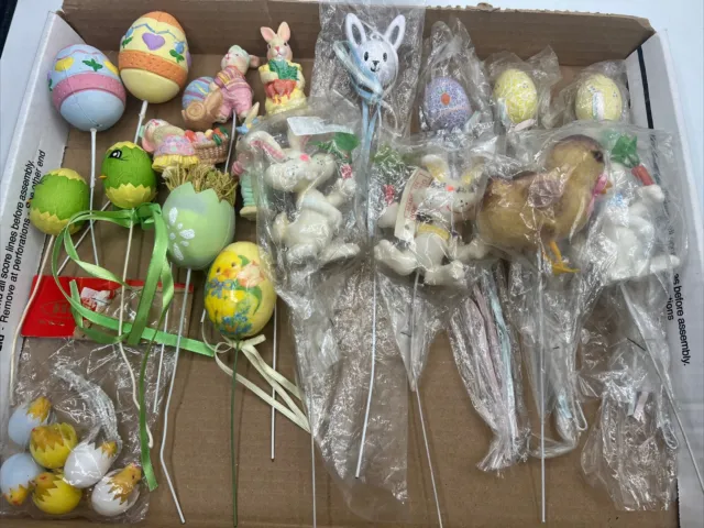 Vintage Easter Floral Picks Flocked Egg Bunny Blow Mold Felt Chenille Lot Chick