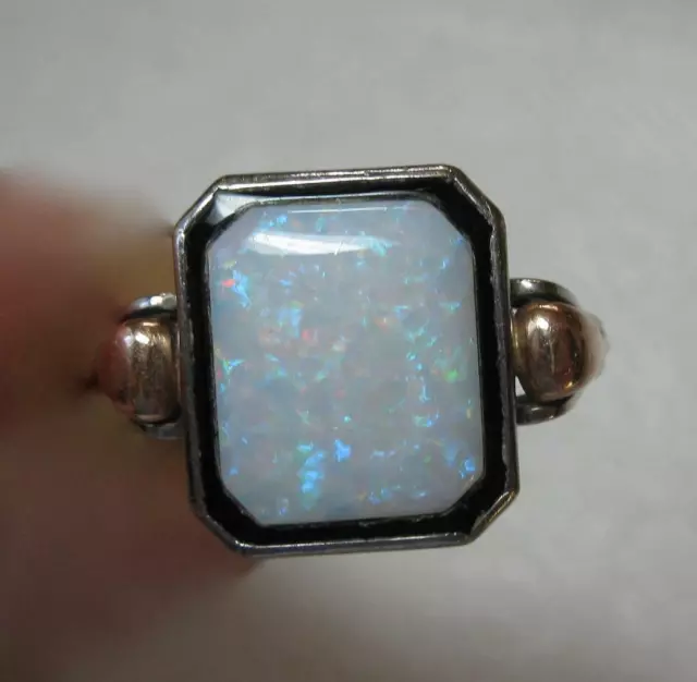 Fire Opal Ring Black Onyx Art Deco Nouveau Victorian 14K Gold Wedding Engagement