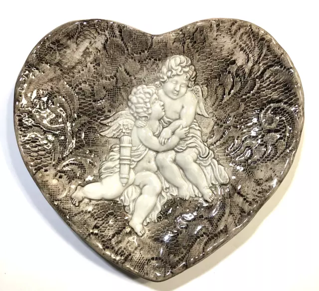 Vtg Valentine Italian Ceramic Heart Decorative Plate Angels Cherubs on Pink Lace