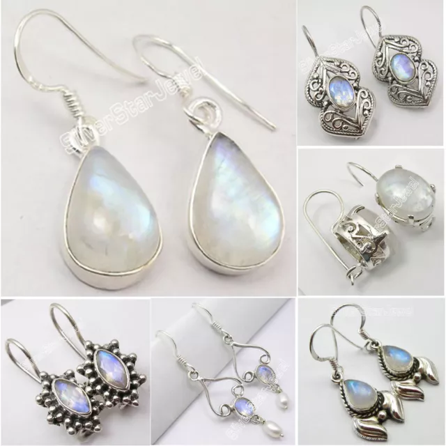 925 Solid Silver Natural RAINBOW MOONSTONE Earrings MANY STYLES, MANY GEMSTONES