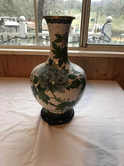 Vintage 12" Ceramic hand painted pitcher vase on wood base floral design Japan