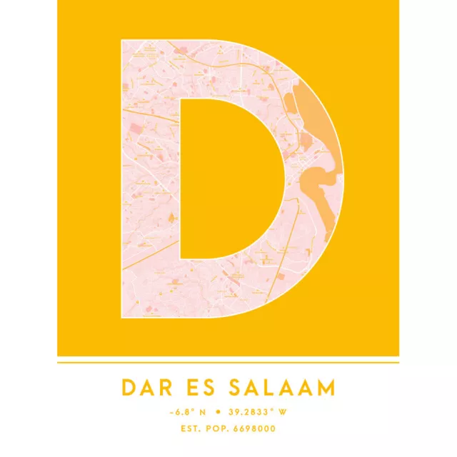 Dar es Salaam Tansania Stadtplan Typografie ungerahmter Wandkunstdruck 12x16 Zoll