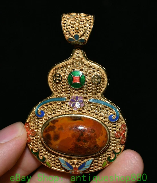3'' Old China Bronze Gilt Inlaid Gem Flower Butterfly Coin Amulet Pendant