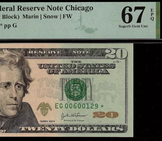 2004 $20 Federal Reserve Note Star PMG 67EPQ 3rd highest graded Chicago star