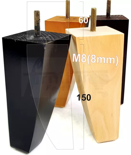 4x Wooden Square Furniture Legs Sofa Feet M8 for Chairs, Settees 150mm High