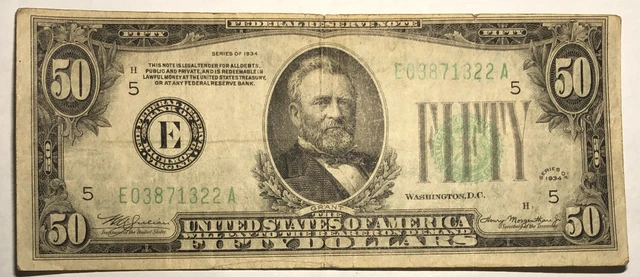 1934 green seal $50 bill. Federal Reserve Note E Richmond. FR-2102E. Fine.  #1