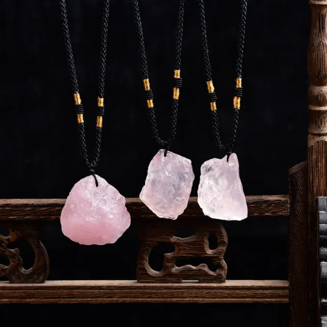 Natural Pink Rose Quartz Crystal Pendant Chakra Healing Gemstone Necklace Reiki