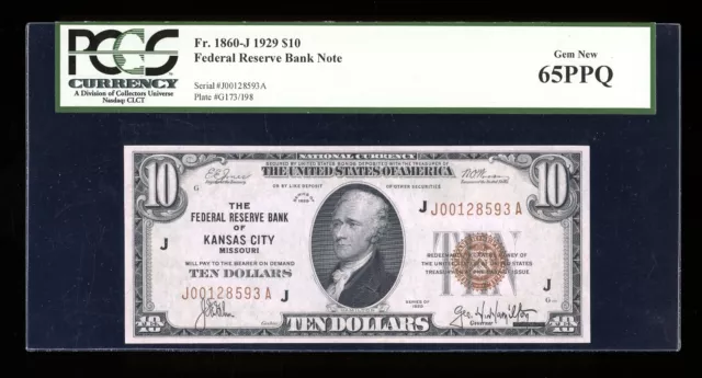 DBR 1929 $10 FRBN Kansas City Gem Fr. 1860-J PCGS 65 PPQ Serial J00128593A