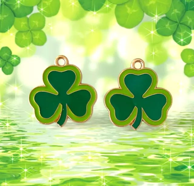 Set of 10 Green Enamel Clover Charms St. Paddy's Day Shamrock Bead Drops 22x21mm