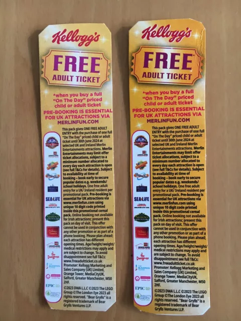 2 x Kellogg’s Free Adult Tickets for Merlin Attractions+Online Codes,exp.30/6/24