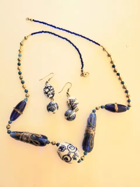 Vintage Venetian Cobalt Blue Glass Beaded Murano Necklace, Ceramic Earrings