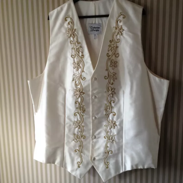 Taglia M - Gilet Uomo Designer 100% Seta Avorio Ricamato + Cravatte Abbinate