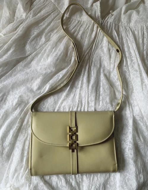 Borsa vintage Eros in vera pelle beige dettagli color oro e cinturino rimovibile anni '50