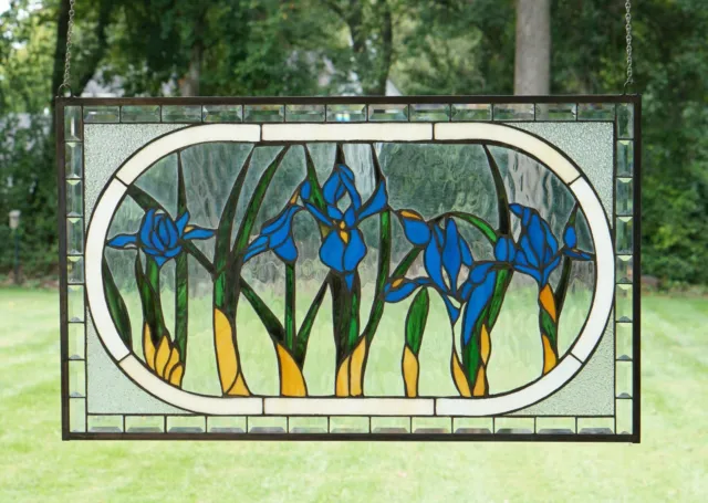 Handcrafted stained glass Beveled Iris Flowers window panel 34.75"  x 20.5"