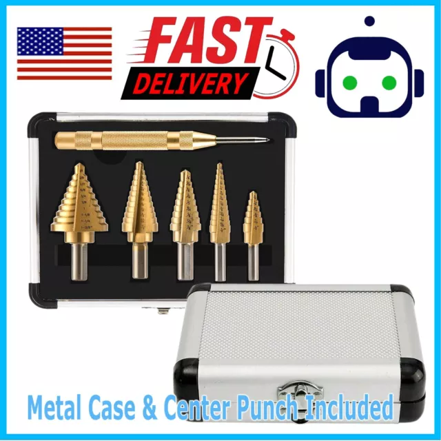 HSS 6PCS Titanium Step Drill Bit Set W Automatic Center Punch High Speed Steel