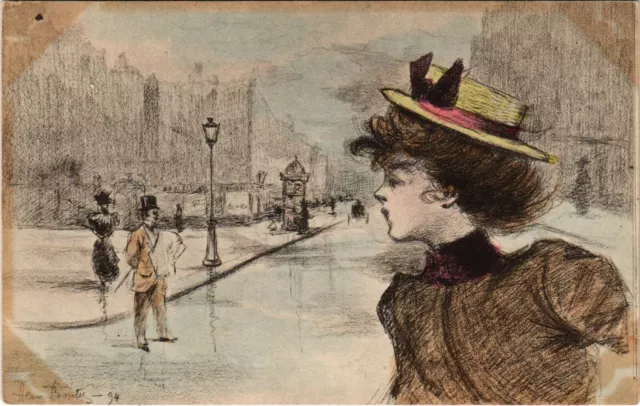 PC CPA HENRI BOUTET, ARTIST SIGNED, LADY IN THE CITY, ART NOUVEAU, 94 (b15555)