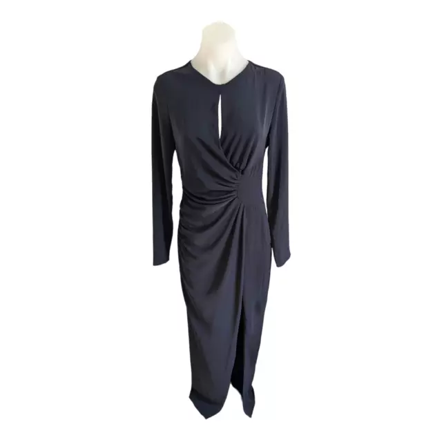 Krisa Size Medium Twist Front Gown Sheath Dress Navy Blue Keyhole Long Sleeves