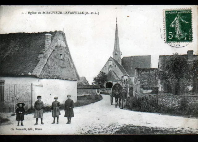 SAINT-SAUVEUR-LEVASVILLE (28) COUPLING to animated VILLAS & CHURCH in 1907