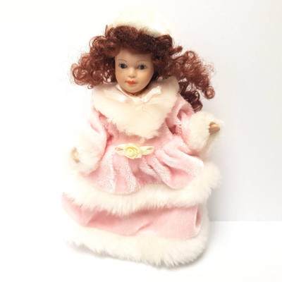 Full Porcelain Doll Brunette Girl Pink Winter Cloak with Stand 16cm