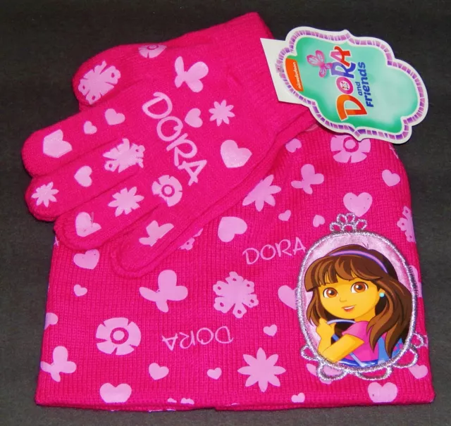 DORA & FRIENDS NICKELODEON Girls Pink Knit Beanie Winter Hat &Gloves Set NWT $20