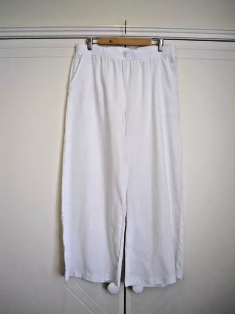 CAROL LITTLE  L  White  Linen Blend Wide Leg Womens Pants  Elastic Waist Pockets