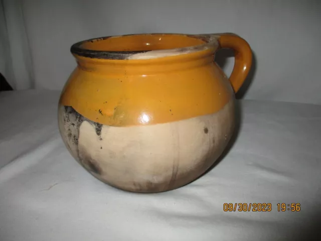 Ancien pot en terre vernissé jaune pot à lait, à crème a graisse-French pottery