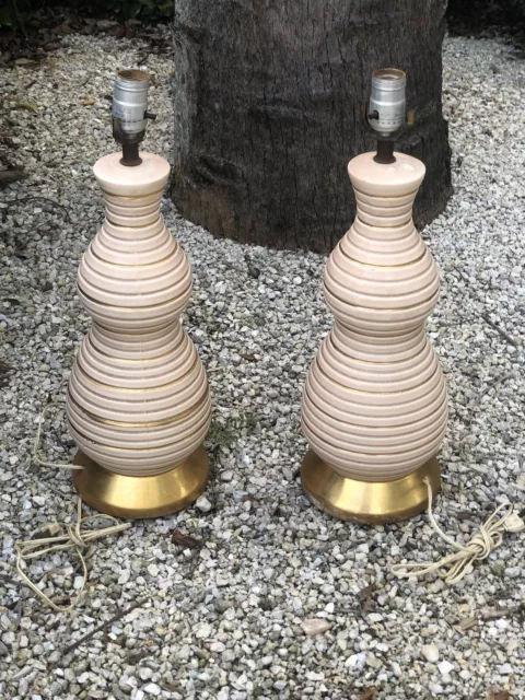 PAIR Vintage 1950’s Mid Century Modern Ceramic Pink Gold Striped Table Lamps 2