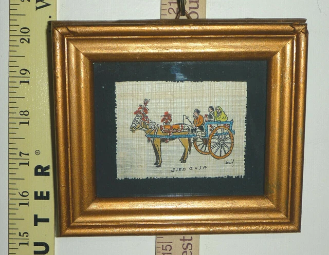 Vtg Italian Miniature FOLK ART on Papyrus in Gilt Wood Frame ~5¾"L x 5"H