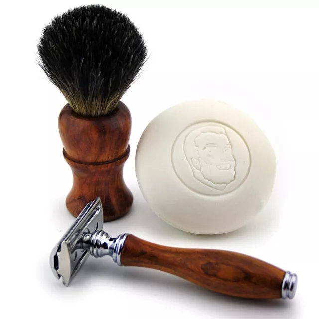 Wooden Shaving Kit Set 3 Pcs with Black Badger Brush Shaving Soap & Safety Razor