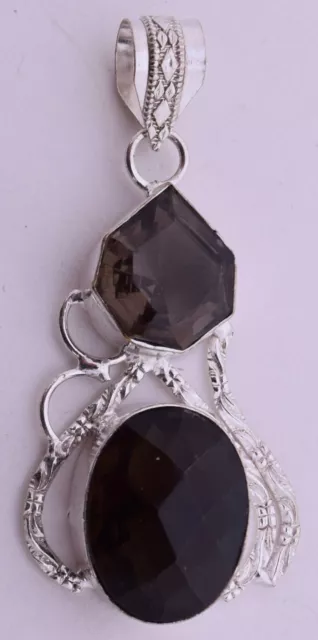 Smoky Quartz Gray Faceted Stones Sterling Plate Wire Work Intricate Pendant Big