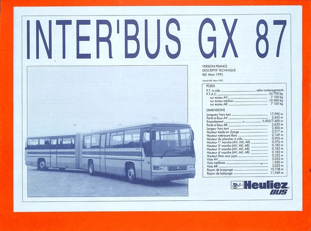 AUTOCAR HEULIEZ / FICHE TECHNIQUE / INTERBUS GX 87 de 1993 EUR 5,90