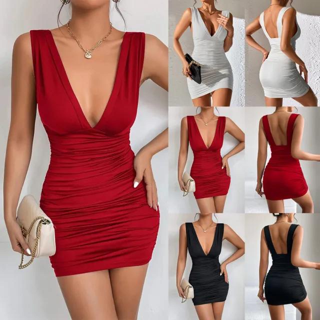 Women Sexy Plunge V Neck Mini Dress Evening Cocktail Party Clubwear Bodycon Size