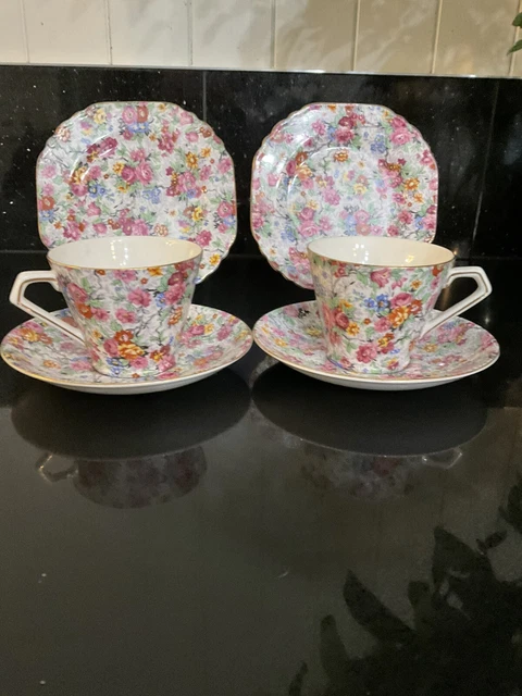 Cup Saucer Plate Trio. x 2 CHINTZ ROSES MARINA Vintage 1940s. Bone China