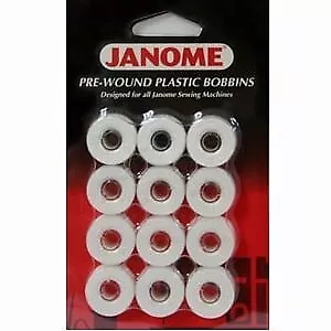 Janome Pre-wound Bobbins - 12 White Embroidery Bobbins