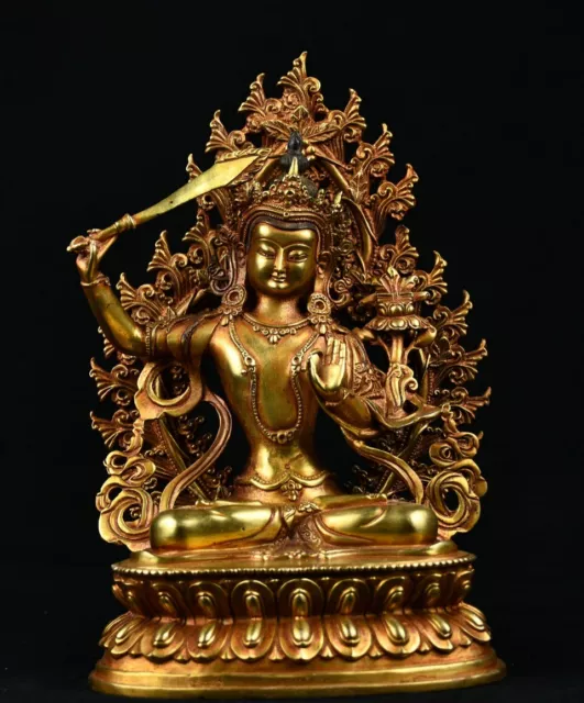 10" Old Antique Tibetan Buddhism temple Bronze gilt Bodhisattva Manjusri statue