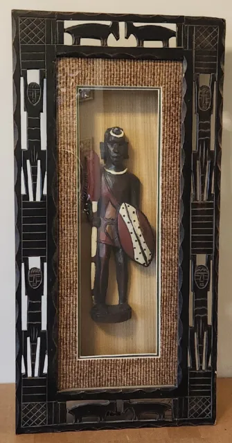 Wall Hanging Hand Carved Painted African Warrior Wooden Figurine w/ Glass & Fram