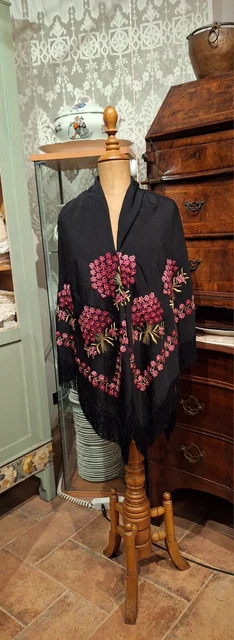 ANTICO GRANDE SCIALLE Epoca Liberty Gersi Di Seta Ricamo Mano