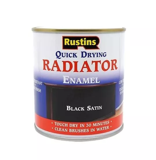 Satin Black Radiator Enamel Paint Rustins Quick Drying 500ml Fade Resistant