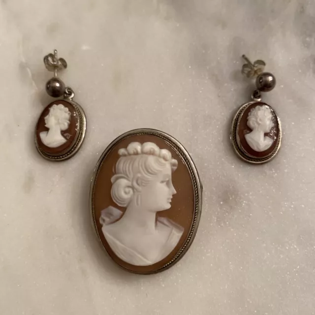 Antique Sterling Silver 800 Carved Cameo Brooch/Pin and Pendant and Earrings Set