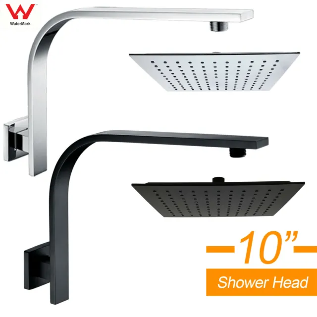 WELS 10" Square Rain Shower Head Rose + Gooseneck Wall Arm Set CHROME / BLACK