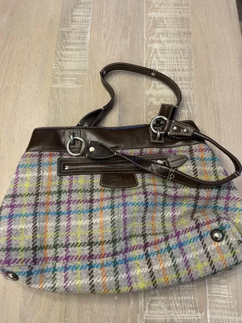 Coach Penelope Tattersall Colorful Plaid Wool & Patent Leather Trim Tote Purse