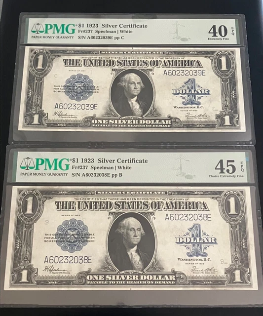 1923 $1 CONSECUTIVE PAIR ONE DOLLAR Fr 237 Silver Certificate~~PMG 40 &45~ EPQ